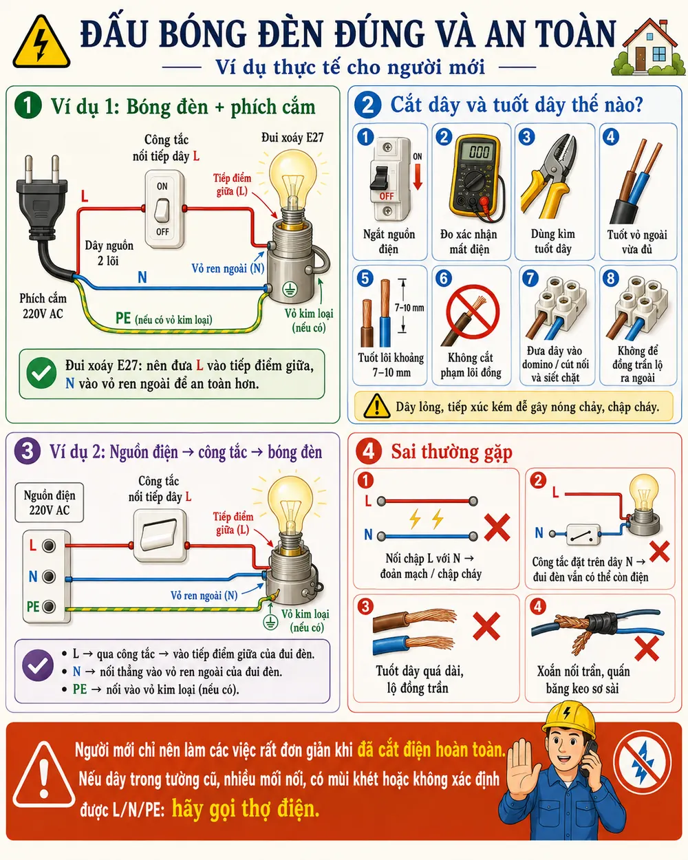 Đấu bóng đèn đúng và an toàn: L qua công tắc vào tiếp điểm giữa đui E27, N vào vỏ ren, cách tuốt dây, lỗi thường gặp