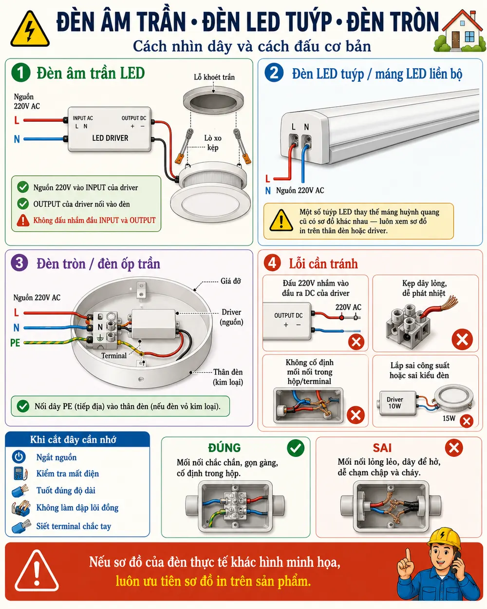 Đèn âm trần, đèn LED tuýp, đèn tròn: driver INPUT AC và OUTPUT DC, terminal L N PE, lỗi cần tránh