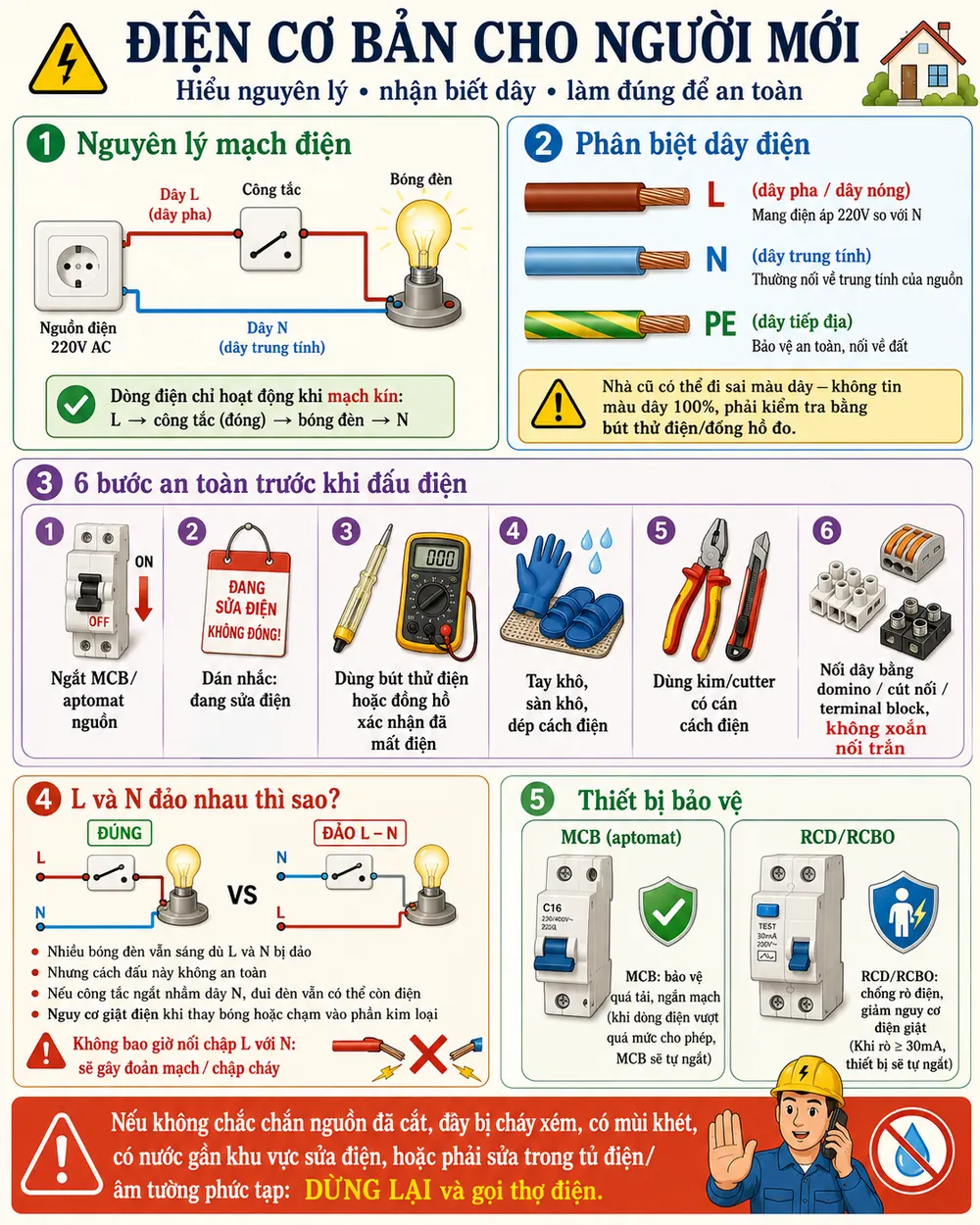 Điện cơ bản cho người mới: nguyên lý mạch, phân biệt dây L N PE, 6 bước an toàn, đảo L–N, thiết bị bảo vệ
