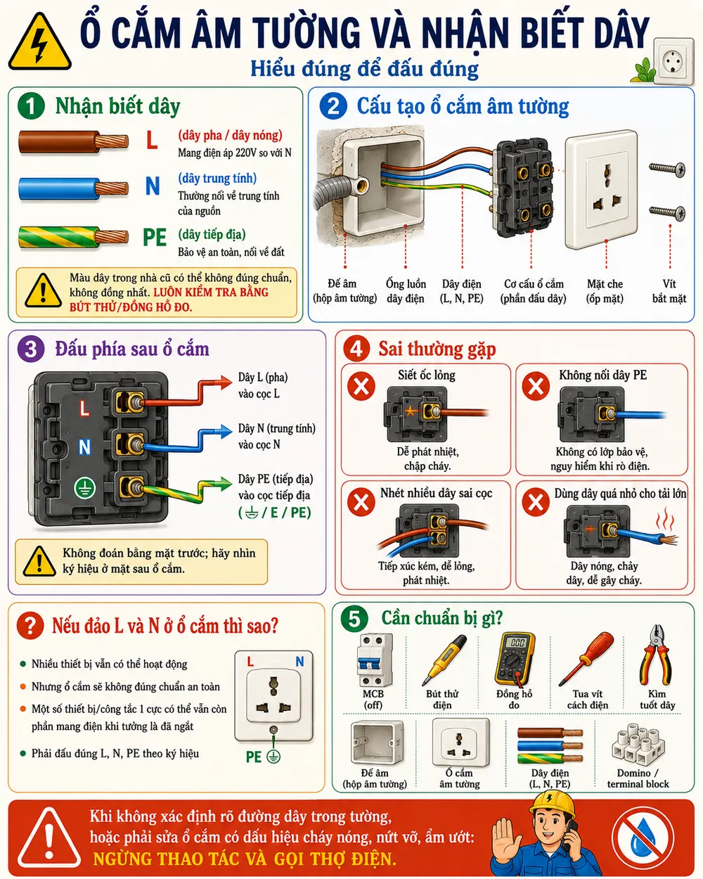 Ổ cắm âm tường và nhận biết dây: cấu tạo, đấu phía sau L N PE, sai thường gặp, dụng cụ cần chuẩn bị